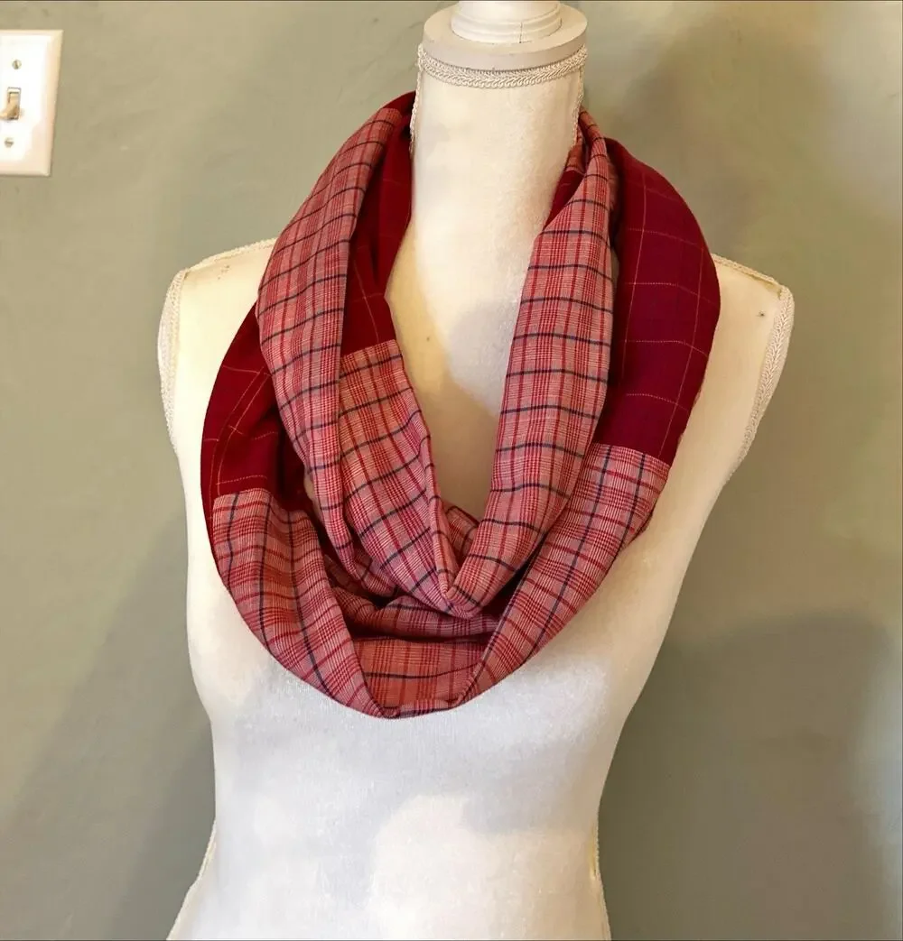 Handmade Woman's Lightweight Infinity/Cowl Scarf Plaid Upcycled